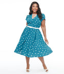 Plus Size Pocketed Self Tie Belted Keyhole Swing-Skirt Crepe Dress