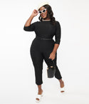 Plus Size Fitted 3/4 Sleeves Bateau Neck Jumpsuit