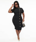 Plus Size Button Front Fitted Crystal Bateau Neck Dress