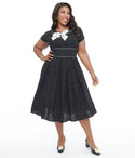 Plus Size Cotton Collared Polka Dots Print Swing-Skirt Pocketed Vintage Back Zipper Dress With a Bow(s)