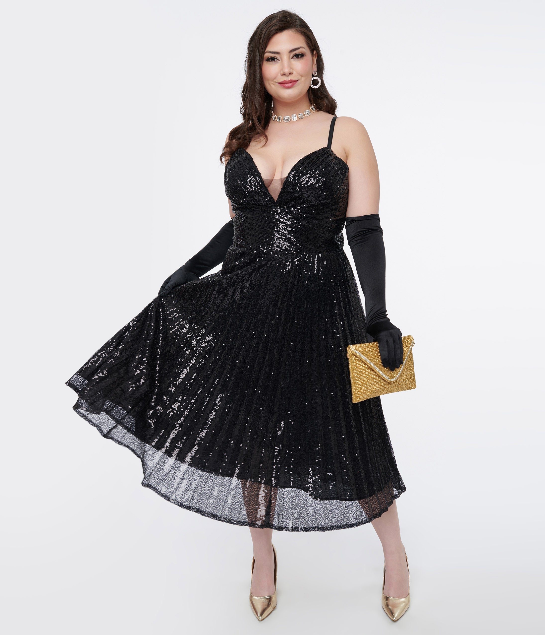 

Unique Vintage Plus Size 1950S Black Pleated Sequin Swing Dress