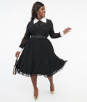 Plus Size Swing-Skirt Pocketed Belted Mesh Vintage Polka Dots Print Dress