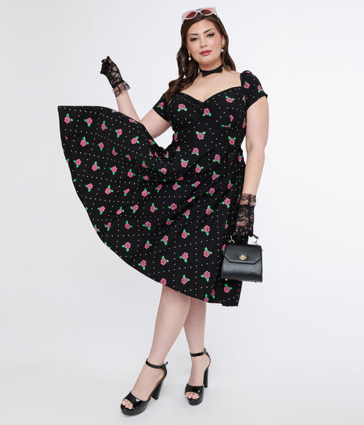 Plus Size Sweetheart Dots Print Pleated Swing-Skirt Short Sleeves Sleeves Off the Shoulder Dress