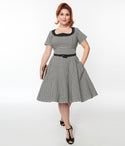 Plus Size Collared Pocketed Belted Back Zipper Fitted Swing-Skirt Dog Houndstooth Print Dress