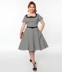 Plus Size Collared Dog Houndstooth Print Belted Fitted Pocketed Back Zipper Swing-Skirt Dress