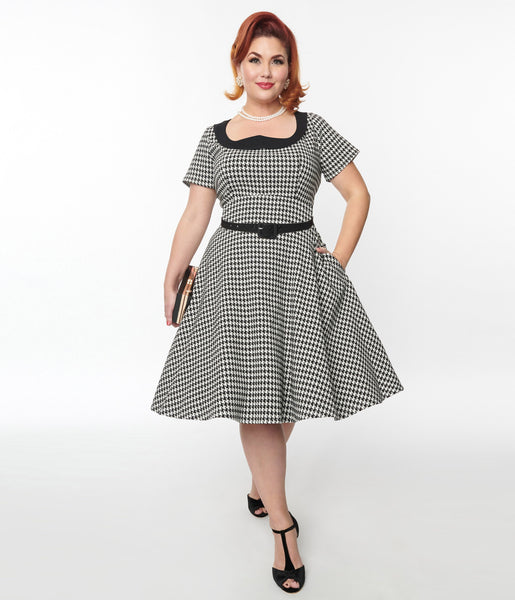 Plus Size Swing-Skirt Collared Dog Houndstooth Print Fitted Pocketed Belted Back Zipper Dress