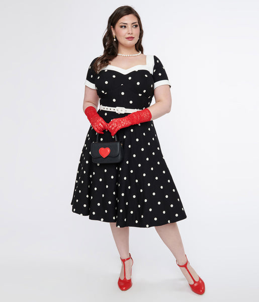 Plus Size Belted Back Zipper Sweetheart Swing-Skirt Elasticized Waistline Short Sleeves Sleeves Polka Dots Print Dress