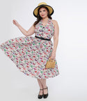 Plus Size Cotton Swing-Skirt Halter Sleeveless Belted Self Tie Animal Print Dress