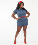 Plus Size Sophisticated Short Collared Denim Puff Sleeves Sleeves Vintage Belted Pocketed Button Front Romper With Ruffles