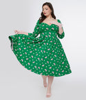 Plus Size General Print Fitted Back Zipper Pleated Sweetheart Swing-Skirt 3/4 Sleeves Dress