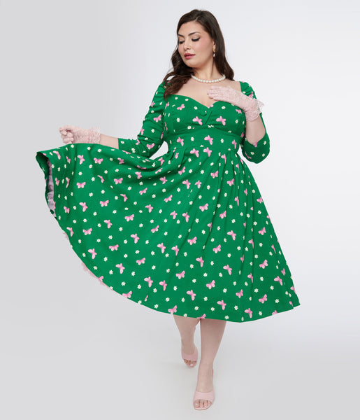 Plus Size General Print Sweetheart 3/4 Sleeves Swing-Skirt Back Zipper Fitted Pleated Dress