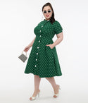 Plus Size Dots Print Short Sleeves Sleeves Asymmetric Button Front Swing-Skirt Dress