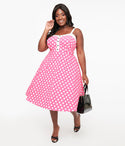 Plus Size Polka Dots Print Spaghetti Strap Back Zipper Fitted Swing-Skirt Smocked Cotton Dress