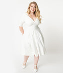 Plus Size A-line V-neck Swing-Skirt Banding Vintage Gathered Pleated Natural Waistline Above the Knee Elbow Length Sleeves Dress