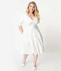 Plus Size A-line V-neck Natural Waistline Above the Knee Pleated Banding Vintage Gathered Swing-Skirt Elbow Length Sleeves Dress