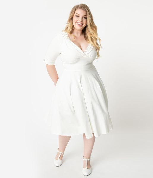 Plus Size A-line V-neck Elbow Length Sleeves Vintage Banding Gathered Pleated Above the Knee Swing-Skirt Natural Waistline Dress