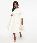 Plus Size Satin Back Zipper Fitted Belted Pocketed Bateau Neck Swing-Skirt 3/4 Sleeves Dress