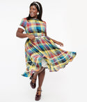Plus Size Back Zipper Belted Swing-Skirt Cotton Plaid Print Dress