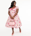 Plus Size General Print Cotton Puff Sleeves Sleeves Pocketed Collared Sweetheart Swing-Skirt Dress With a Bow(s)