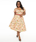 Plus Size Off the Shoulder Swing-Skirt Back Zipper Vintage Belted Floral Print Bardot Neck Sweetheart Dress