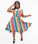 Plus Size Striped Print Swing-Skirt Dress