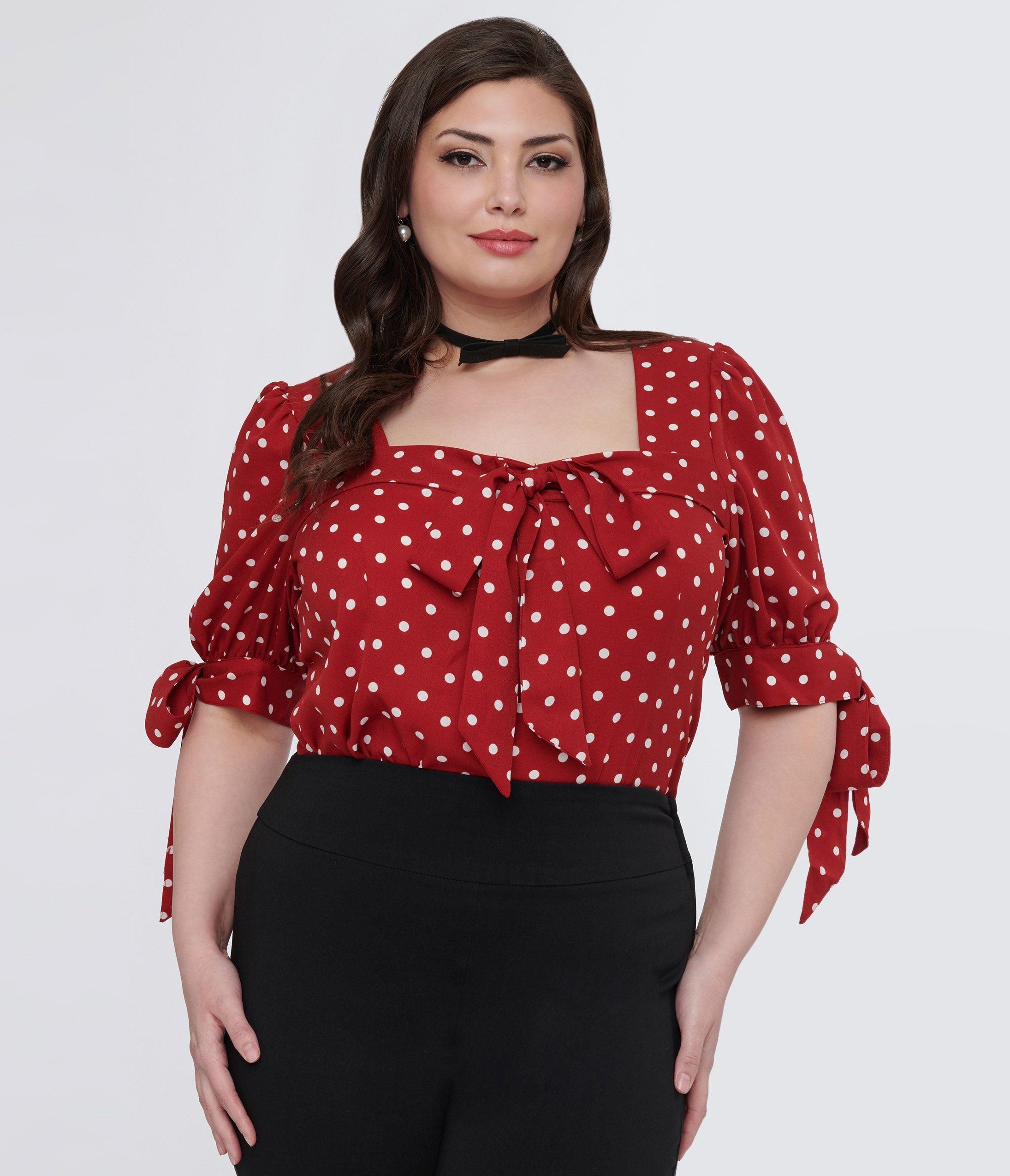 

Unique Vintage Plus Size 1950S Red & White Polka Dot Bow Fitted Top