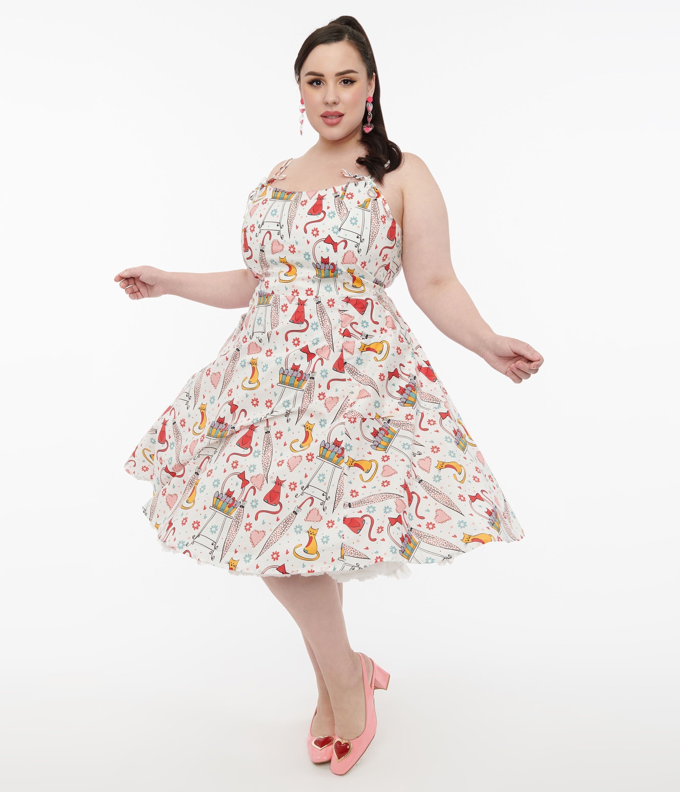 

Unique Vintage Plus Size 1950S Red & Yellow Cat Print Cotton Bobbie Swing Dress