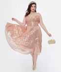 Plus Size V-neck Swing-Skirt Back Zipper Pleated Sequined Spaghetti Strap Dress