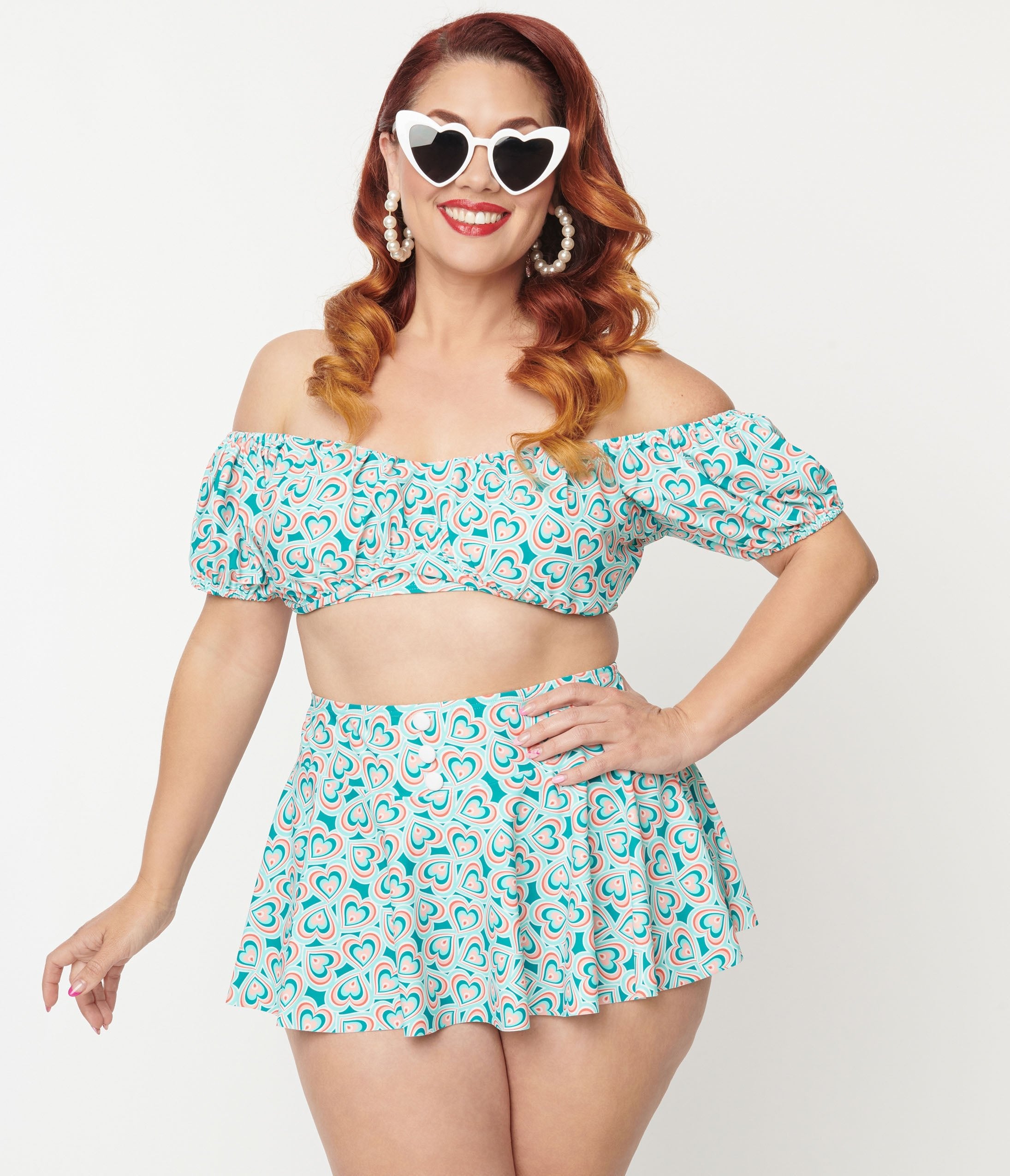 

Unique Vintage Plus Size 1950S Turquoise Retro Hearts Swim Skirt