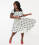 Plus Size Swing-Skirt Short Sleeves Sleeves Sweetheart Polka Dots Print Elasticized Waistline Belted Back Zipper Dress