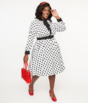 Plus Size Swing-Skirt Self Tie Belted Vintage Pocketed Keyhole Polka Dots Print Dress