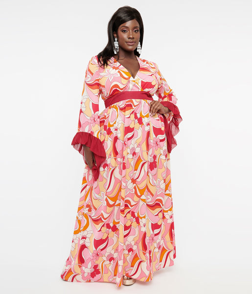 Plus Size Chiffon Floral Print Fitted Back Zipper Empire Waistline 3/4 Sleeves Maxi Dress With Ruffles