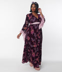 Plus Size 3/4 Sleeves Fitted Back Zipper Empire Waistline Floral Print Maxi Dress With Ruffles