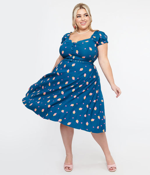 Plus Size Off the Shoulder Bardot Neck Sweetheart Swing-Skirt Back Zipper Vintage Belted General Print Dress