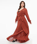 Plus Size V-neck Mesh Fitted Polka Dots Print Elasticized Waistline Long Sleeves Maxi Dress With a Sash
