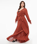 Plus Size V-neck Elasticized Waistline Polka Dots Print Mesh Fitted Long Sleeves Maxi Dress With a Sash