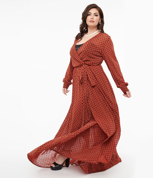Plus Size V-neck Elasticized Waistline Polka Dots Print Long Sleeves Mesh Fitted Maxi Dress With a Sash