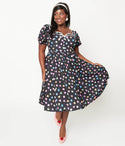 Plus Size Puff Sleeves Sleeves Short Button Front Swing-Skirt Dress With a Bow(s)