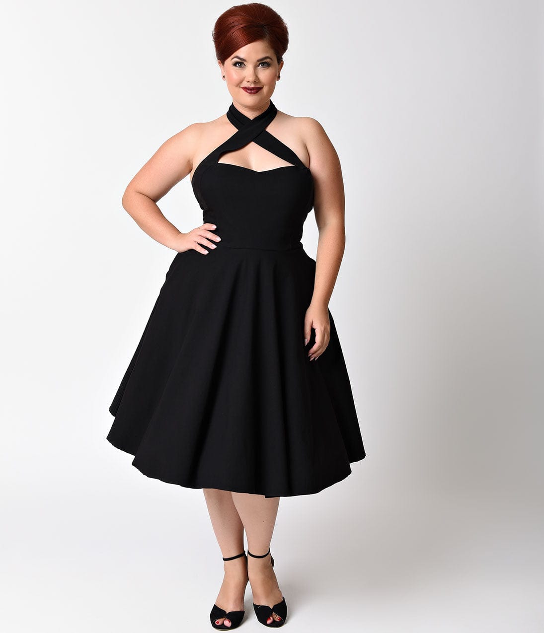 1950s Swing Dresses | 50s Swing Dress Unique Vintage Plus Size Black Criss Cross Halter Rita Flare Dress $88.00 AT vintagedancer.com