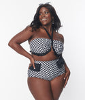 Plus Black & Bias Gingham Twist Front Halter Swim Top