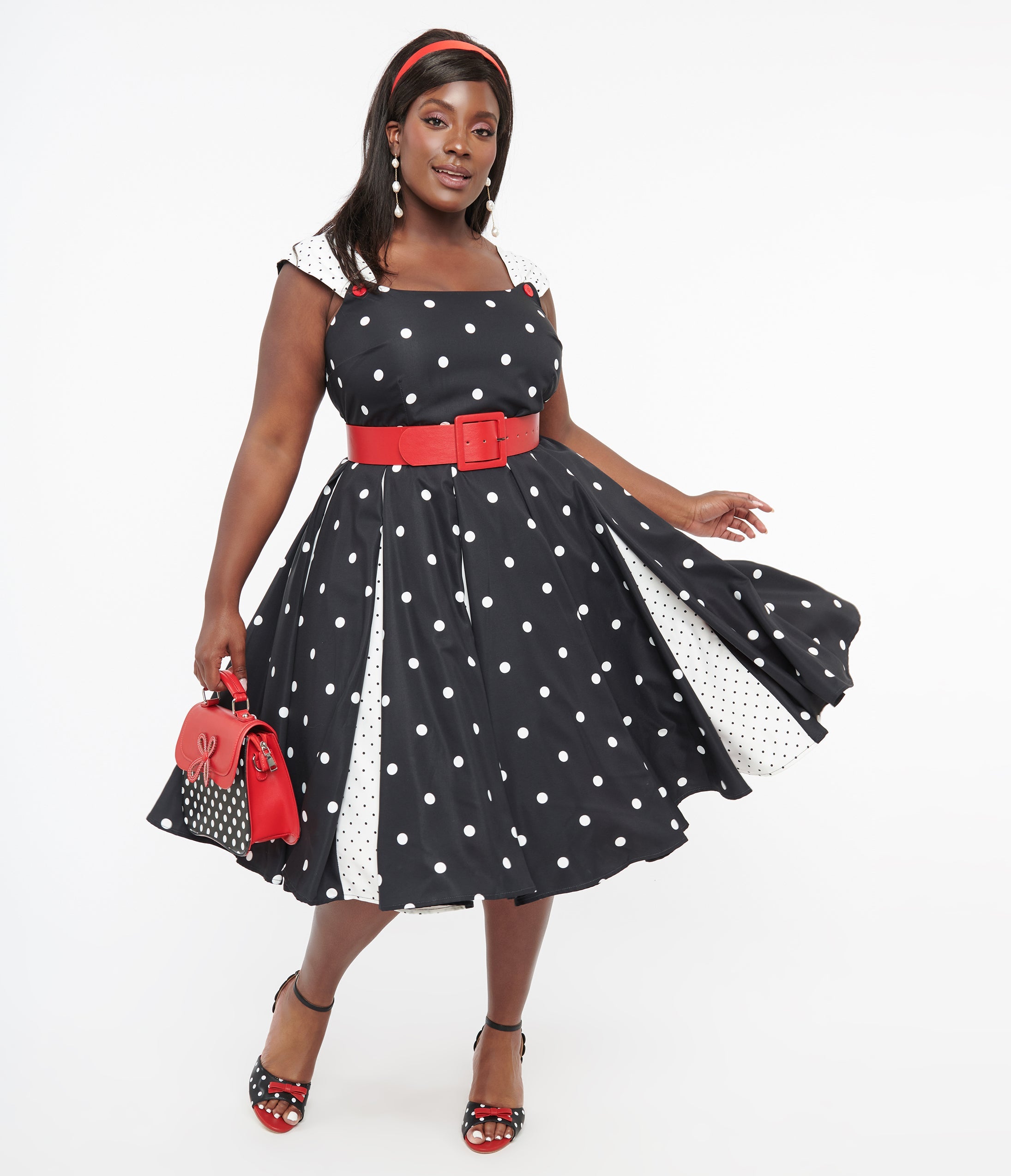 

Unique Vintage Plus Size Black & White Polka Dot Stripe Swing Dress