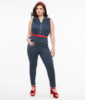 Plus Size Collared Sleeveless Button Front Belted Denim Elasticized Waistline Jumpsuit