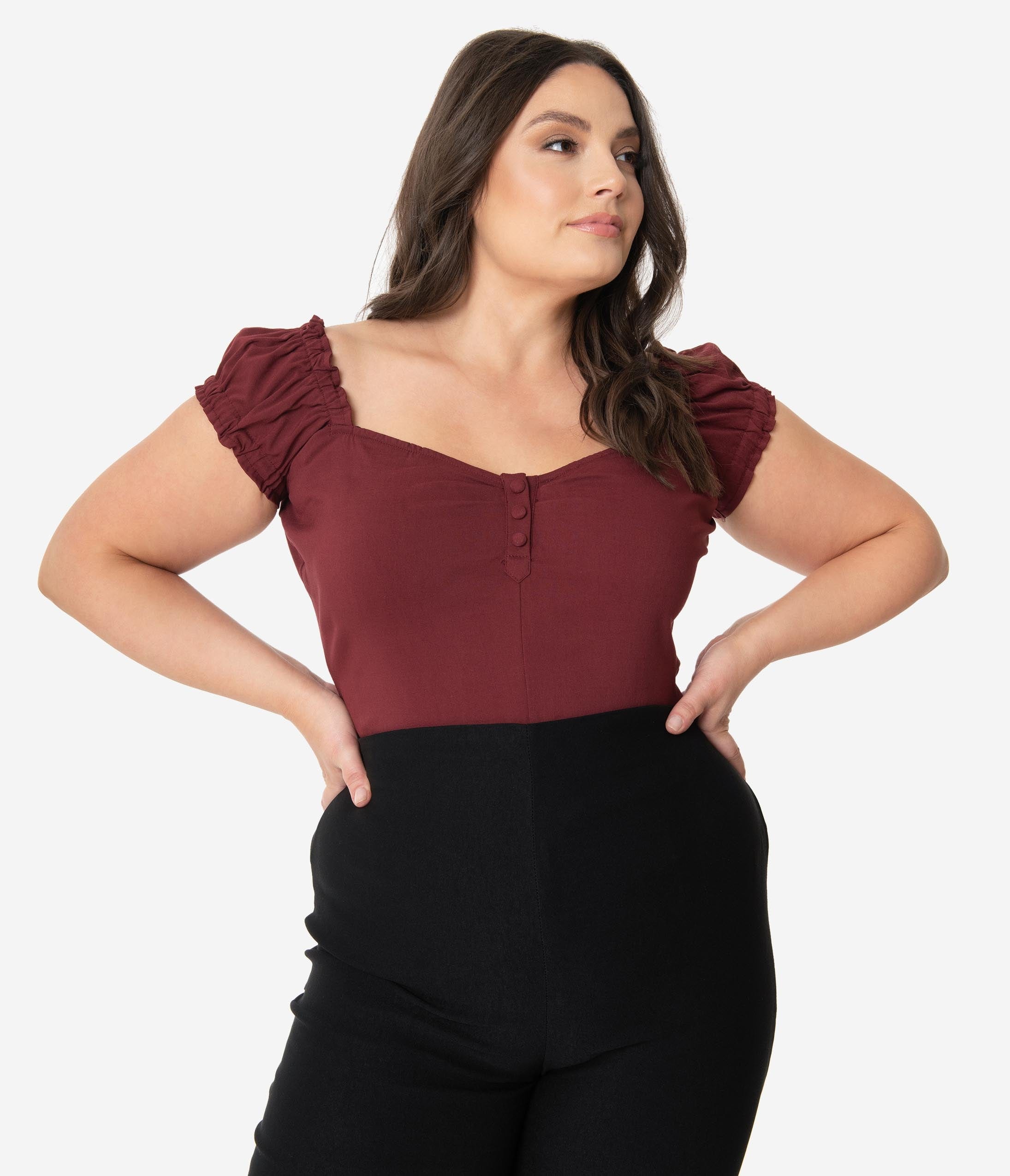 

Unique Vintage Plus Size Burgundy Sweetheart Bardot Sleeve Loretta Top