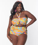 Plus Happy Groovy Rainbow Twist Front Halter Swim Top