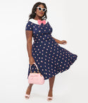 Plus Size Collared Princess Seams Waistline General Print Back Zipper Swing-Skirt Dress With a Bow(s)