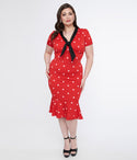 Plus Size V-neck Knit Polka Dots Print Back Zipper Vintage Short Sleeves Sleeves Dress