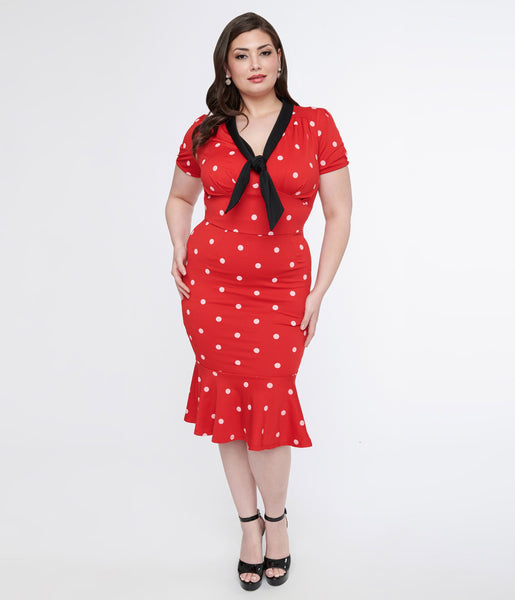 Plus Size V-neck Polka Dots Print Vintage Back Zipper Knit Short Sleeves Sleeves Dress