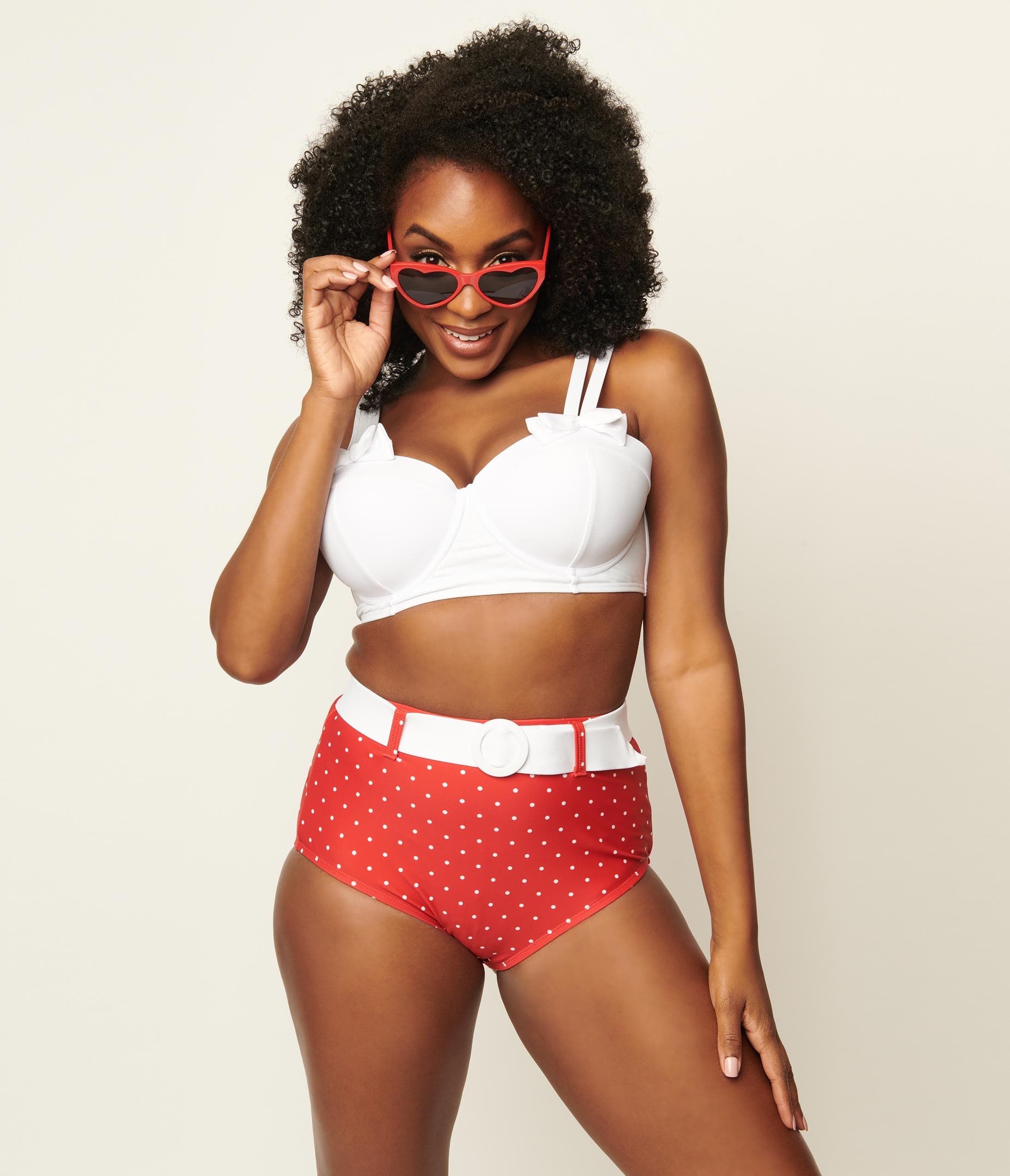 

Unique Vintage Red & White Pin Dot Belted Redondo Swim Bottoms