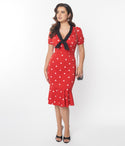 V-neck Knit Polka Dots Print Back Zipper Vintage Short Sleeves Sleeves Dress