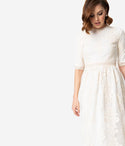 Modest High-Neck Tea Length Lace Mesh Embroidered Vintage Wedding Dress by Pink Ripple
